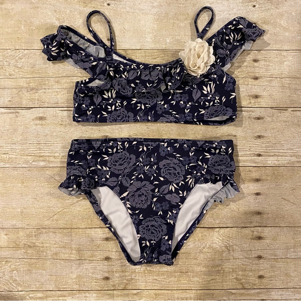 Janie & Jack Girls Two Piece Swimsuit Navy & White Floral Size 7 Bathing Suit